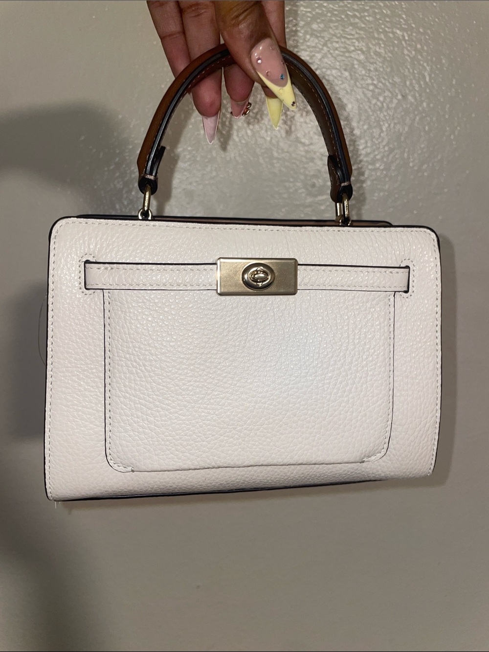 Coach Cream Leather Top-Handle Satchel with Brown Accent